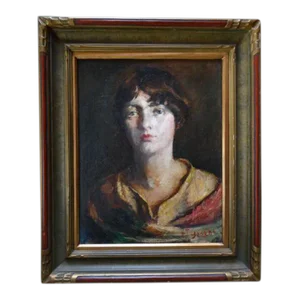 Early 20th Century Portrait Oil Painting of a Young with Short Hair, Framed