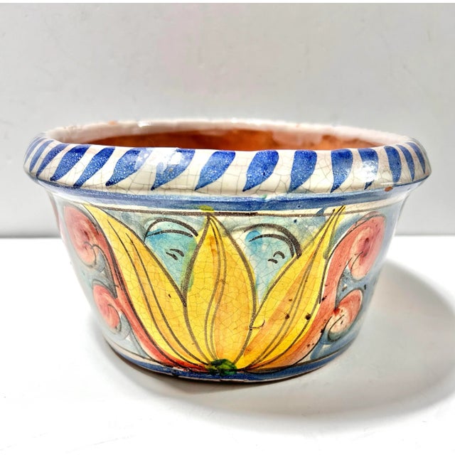 Vintage Italian Majolica Style Planter Bowl – Hand Painted Mediterranean Terracotta Centerpiece For Sale - Image 4 of 12