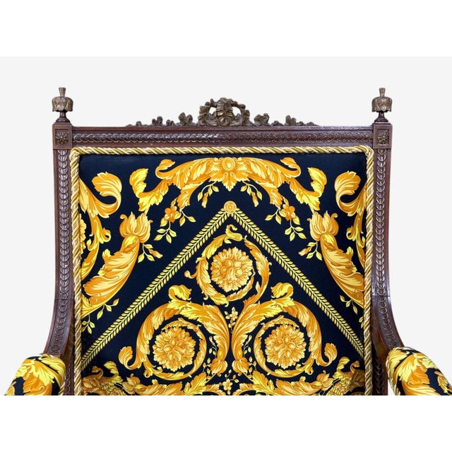 Wood Gianni Versace Fabric Louis XVI Style Armchairs, Walnut, France, 20th C. For Sale - Image 7 of 16