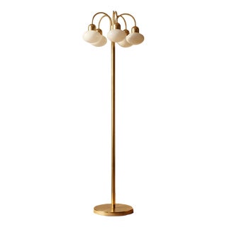 Vintage Brass Floor Lamp with Five Opaline Glass Shades, 1950s For Sale