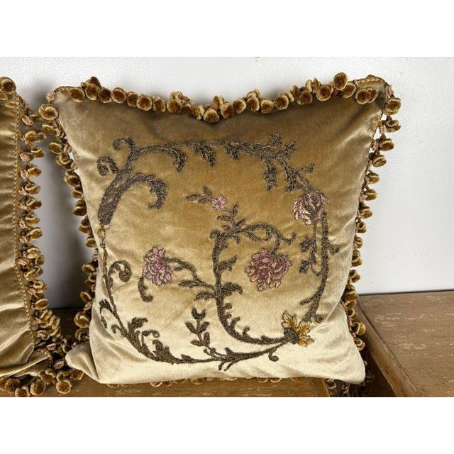 A refined and richly layered pair of contemporary decorative pillows, designed by Melissa Levinson, crafted using...