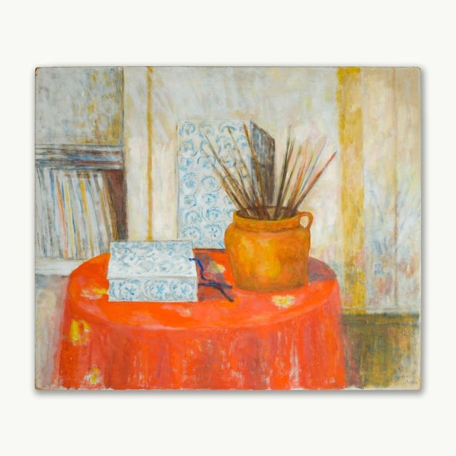 Still Life depicting bushes with blue and white boxes. Signed by the artist in the lower right corner. Jean Hannon grew up...