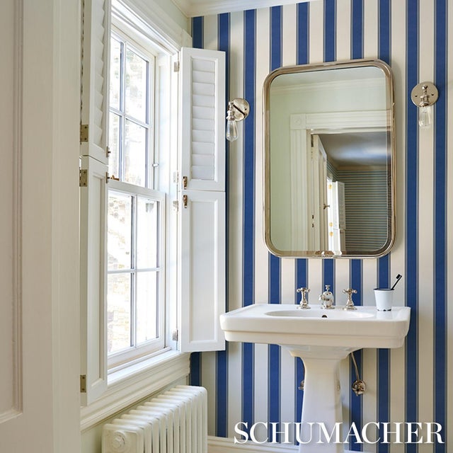 2020s Schumacher Rafe Stripe Wallcovering In Indigo For Sale - Image 5 of 6