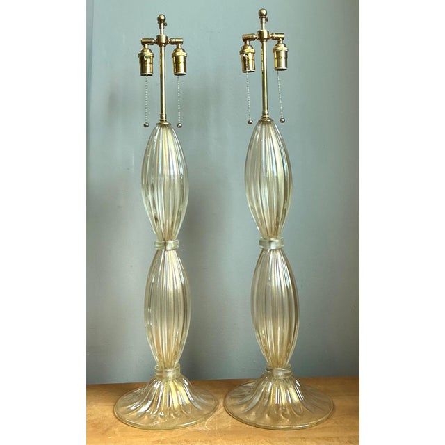 Late 20th Century Vintage Ribbed Murano Glass Table Lamps - Pair For Sale - Image 5 of 18