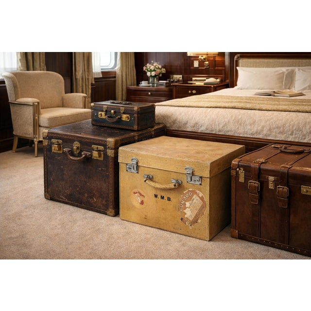 Offering an outstanding British vellum steamer travel case, circa 1920s. This unique leather trunk belonged to Mrs....