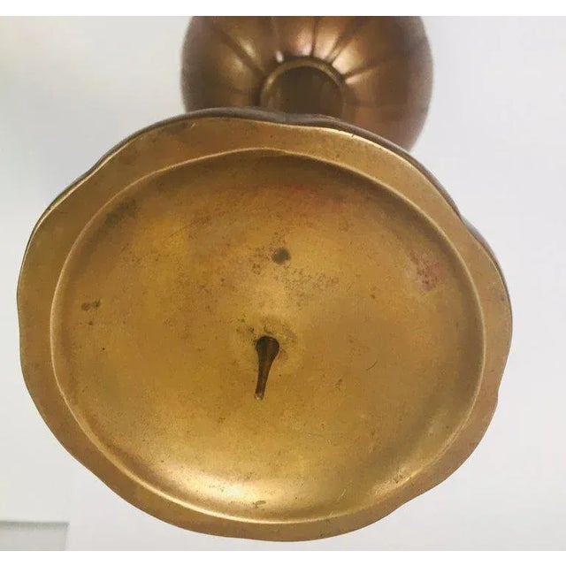 Large Brass Japanese Candlesticks on a Round Scalloped Base and Top For Sale - Image 4 of 13