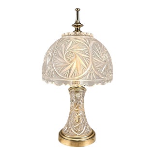 Vintage Cut Glass Boudoir Table Lamp With Domed Scalloped Shade & Gold-Tone Base For Sale