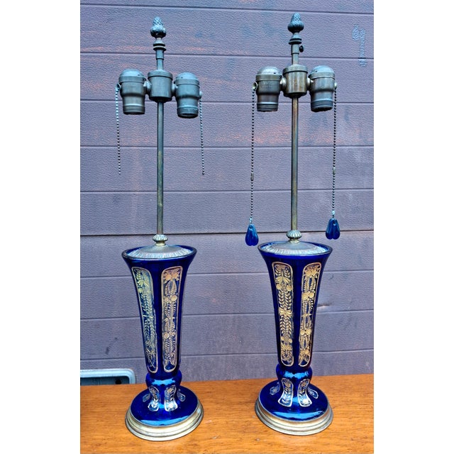 Pair Continental Parcel Gilt Cobalt Glass Vases Mounted as Lamps, Circa 1880s For Sale - Image 9 of 13
