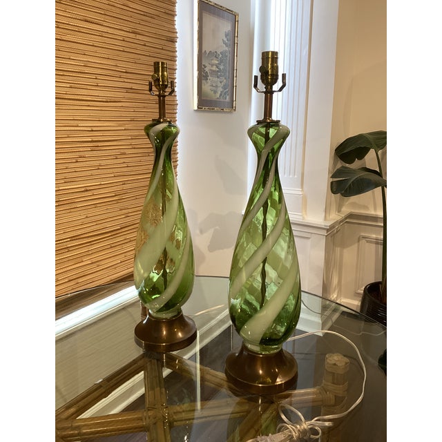 Metal Vintage Italian Murano Green & White Spiral Art Glass Table Lamps – Restored & Rewired - Pair For Sale - Image 7 of 8