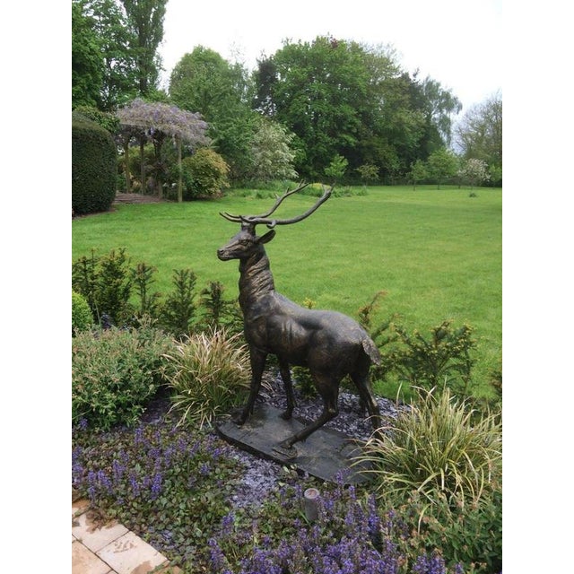 Life-Size Cast Iron Stag Garden Sculpture with Antlers For Sale - Image 3 of 7