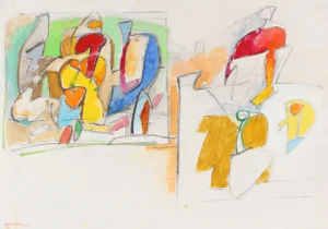 Gerald Wasserman Bright Abstracted Figures in Gouache and Graphite, 20th Century Circa 2001