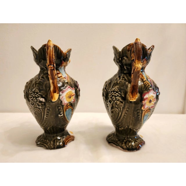 Antique Majolica Art Nouveau Jugendstil Vases- a Pair For Sale - Image 4 of 11