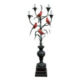 Antique French Tole Metal & Wood Table Lamp / Candelabra W/ Red Birds - 4 Arm For Sale