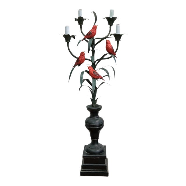 Antique French Tole Metal & Wood Table Lamp / Candelabra W/ Red Birds - 4 Arm For Sale