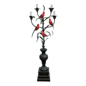 Antique French Tole Metal & Wood Table Lamp / Candelabra W/ Red Birds - 4 Arm