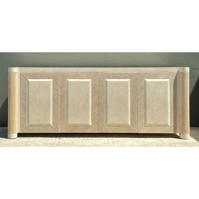 Mid-Century Modern Vintage Washed Pencil Reed Credenza With Travertine Top For Sale - Image 3 of 12