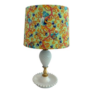 Vintage Hobnail Milk Glass Table Lamp With Handcrafted Tula Pink Squirrel Fabric Shade For Sale