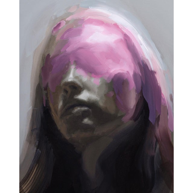 Contemporary Reflect by Josh Sorrell | Oil on Panel Portrait of a figure with a pink veil over the face For Sale - Image 3 of 5