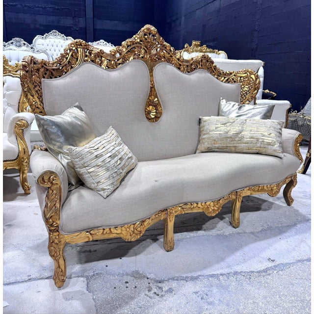 Textile 1990s Baroque Style Tan Sofa – French Design With Gold Leaf Details For Sale - Image 7 of 10
