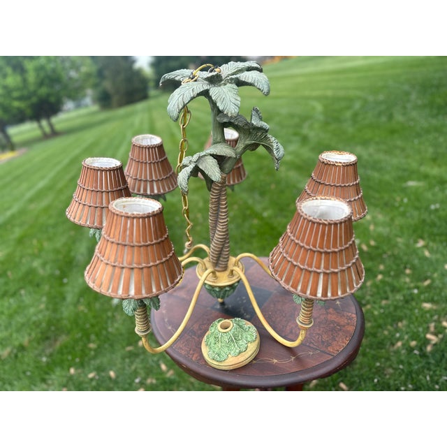Wood 1980s Regency Style 6 Light Palm Tree Chandelier For Sale - Image 7 of 9