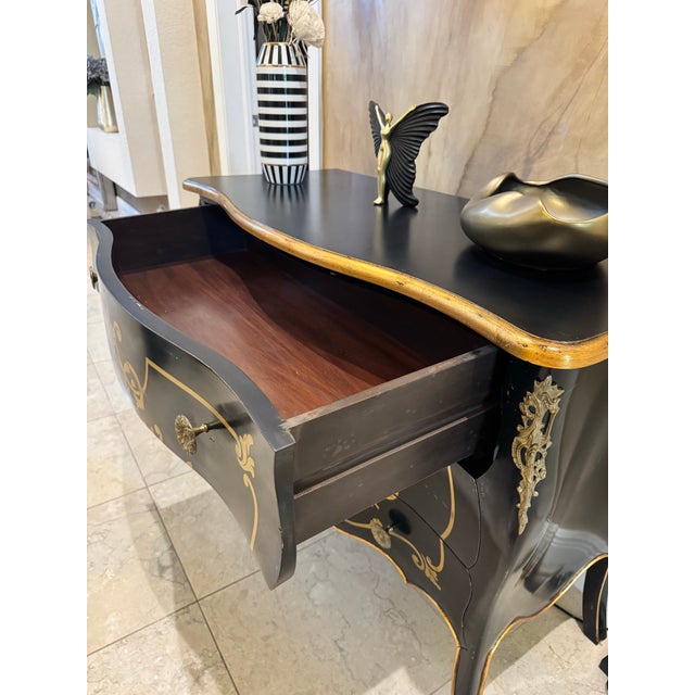 Vintage European Hand-Painted Black & Gold Curved Commode – French Baroque Style For Sale - Image 4 of 10