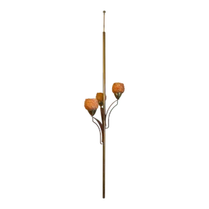 1960s Vintage Brass Teak Tension Pole With Orange Rock Candy Spaghetti Shades