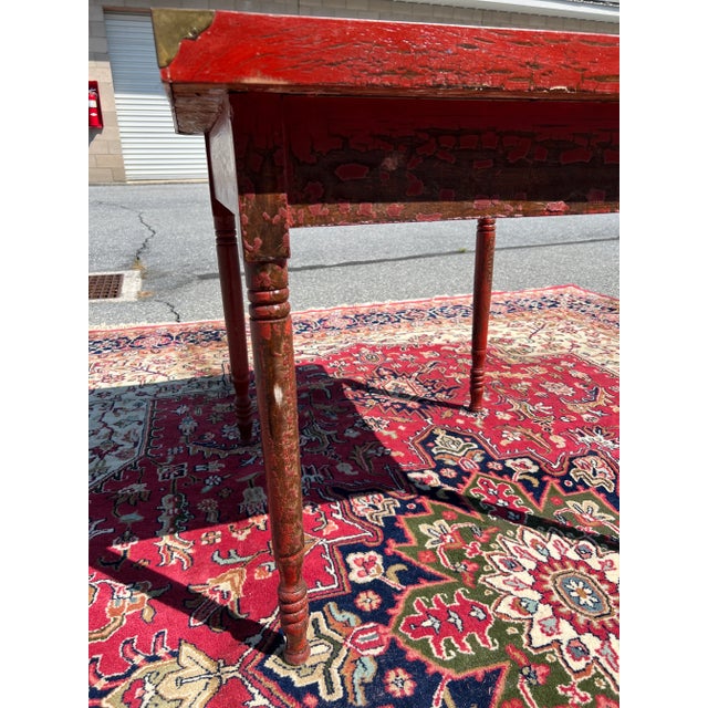 Red Antique Pennsylvania Folk Art Postage Stamp Decoupage Game Table, 1938 For Sale - Image 8 of 13