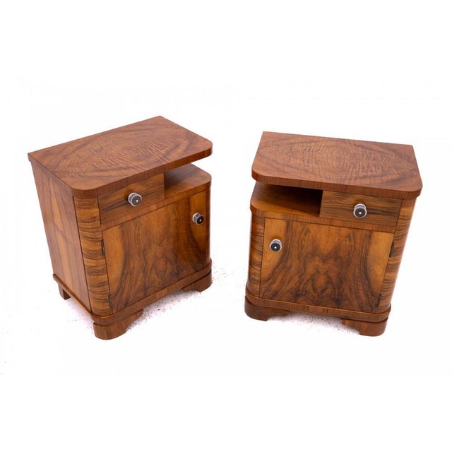 Mid-20th Century Walnut Bedside Tables, Poland, 1940s, Set of 2, in Restored conditions. Designed 1920 to 1949