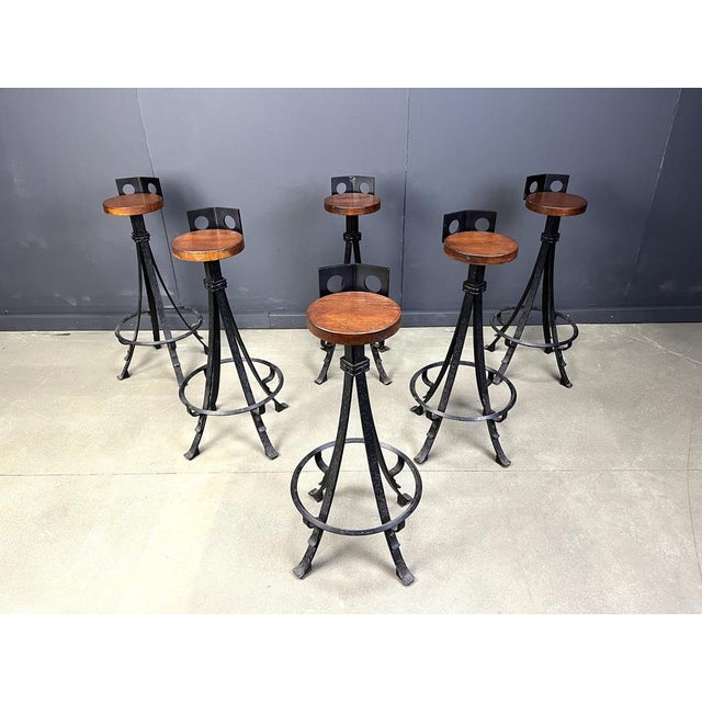 Vintage Brutalist Wrought Iron Bar Stools, 1970s, Set of 6 For Sale - Image 4 of 17