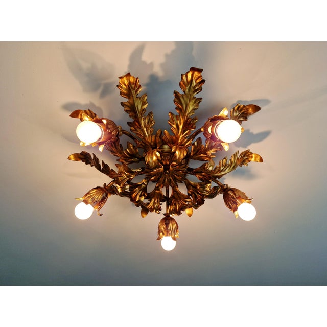 Large Italian Floral Ceiling Light in Gilded Metal, 1970s For Sale - Image 6 of 11