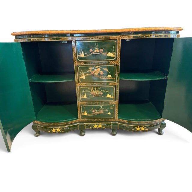 Late 20th Century Vintage Chinese Green Lacquered Serpentine Credenza / Sideboard With Soapstone Inlay For Sale - Image 5 of 12