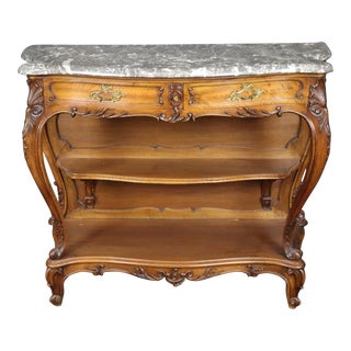 Superb Carved Walnut Marble Top French Two Tier Open Buffet Console Table For Sale