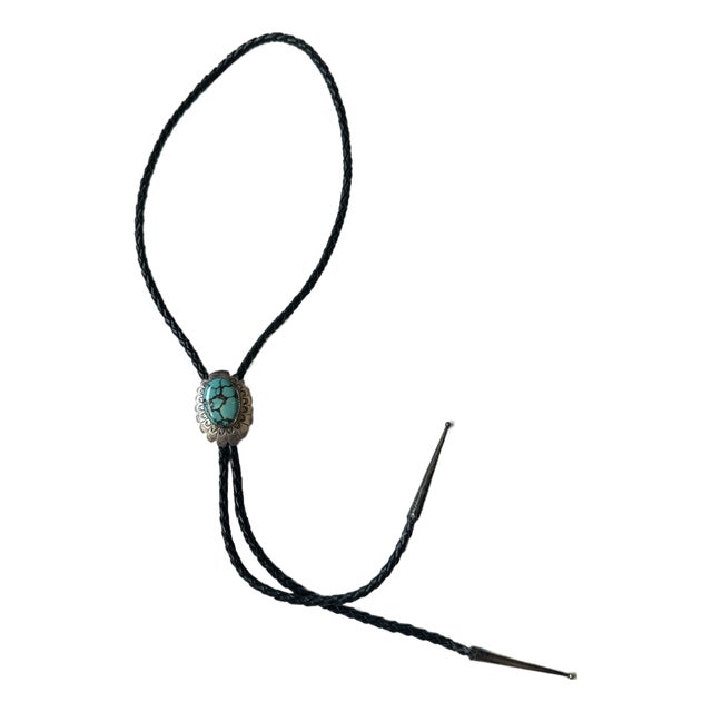 Vintage Navajo Sterling Silver and Turquoise Bolo Tie Signed Ap For Sale