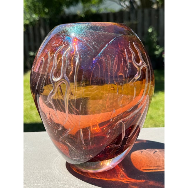 1980s Iridescent Sparkle Air Trap Bubble Vein Art Glass 6.5" Vase Signed '80 For Sale - Image 15 of 18
