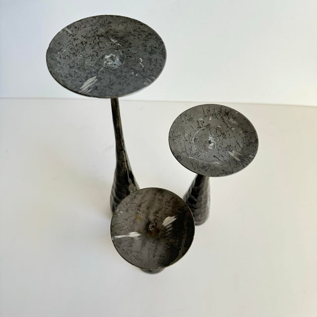 Late 20th Century Brutalist Candle Holders Heavy Solid Iron Candlestick Holders Textured Metal Graduated Set of 3 For Sale - Image 5 of 7