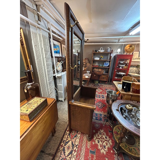 Antique Tiger Oak Hall Tree With Bevelled Mirror & Duck Coat Hooks For Sale - Image 11 of 18