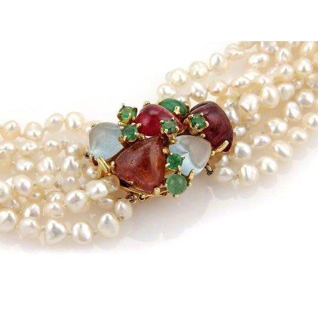 Contemporary Mid 20th Century Pearls & Gems 14k Yellow Gold Multi Strand Necklace For Sale - Image 3 of 5