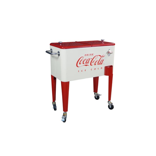 Retro-style Coca-Cola rolling patio cooler. Displays a classic vintage advertising aesthetic with modern outdoor...
