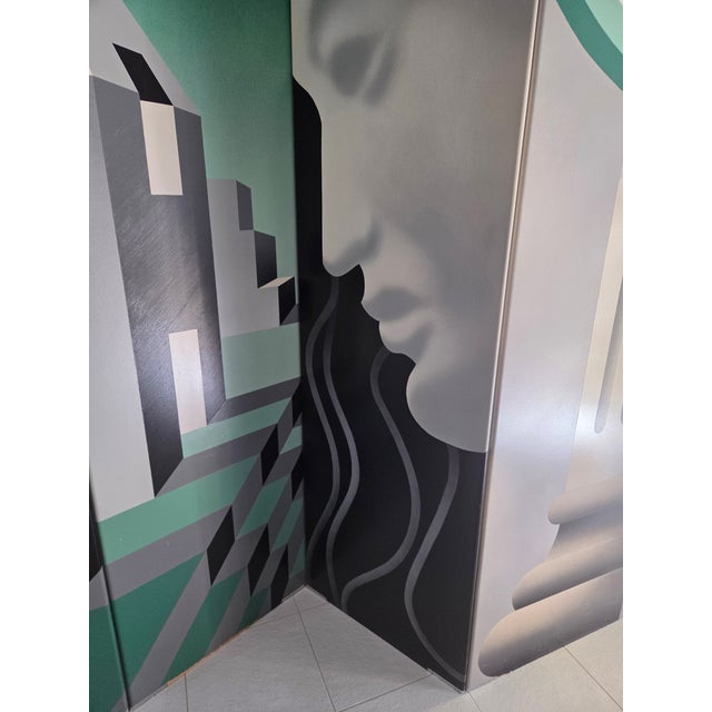 Art Deco Vintage Post Modern Monumental Room Divider Folding Screen Art Deco Surrealist For Sale - Image 3 of 18