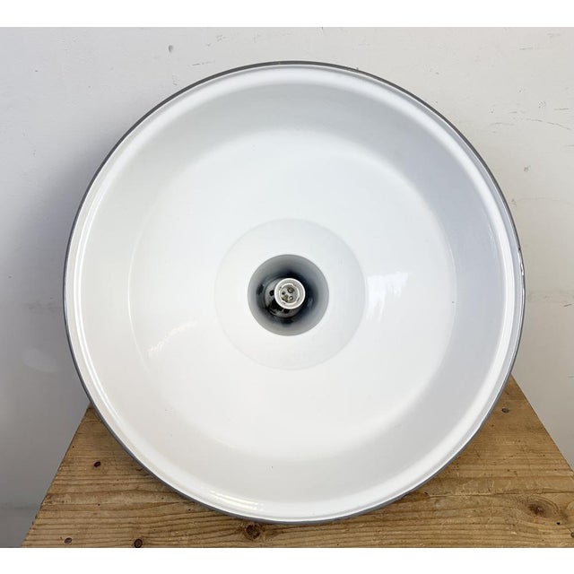 Large Industrial British Grey Enamel Factory Pendant Lamp from Benjamin, 1960s For Sale - Image 16 of 18