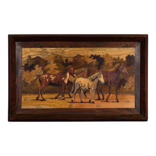 Vintage Inlaid Wood Framed Painting Depicting Four Horses in a Landscape For Sale