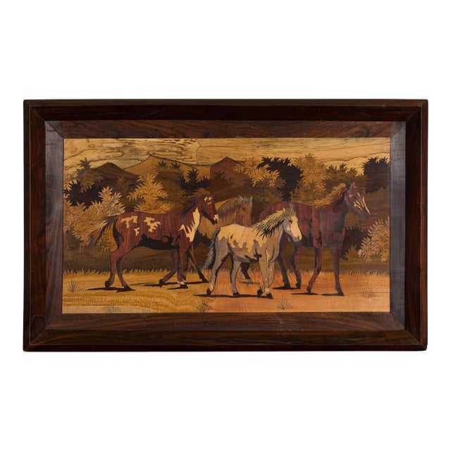 Vintage Inlaid Wood Framed Painting Depicting Four Horses in a Landscape For Sale