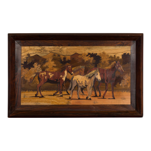 Vintage Inlaid Wood Framed Painting Depicting Four Horses in a Landscape