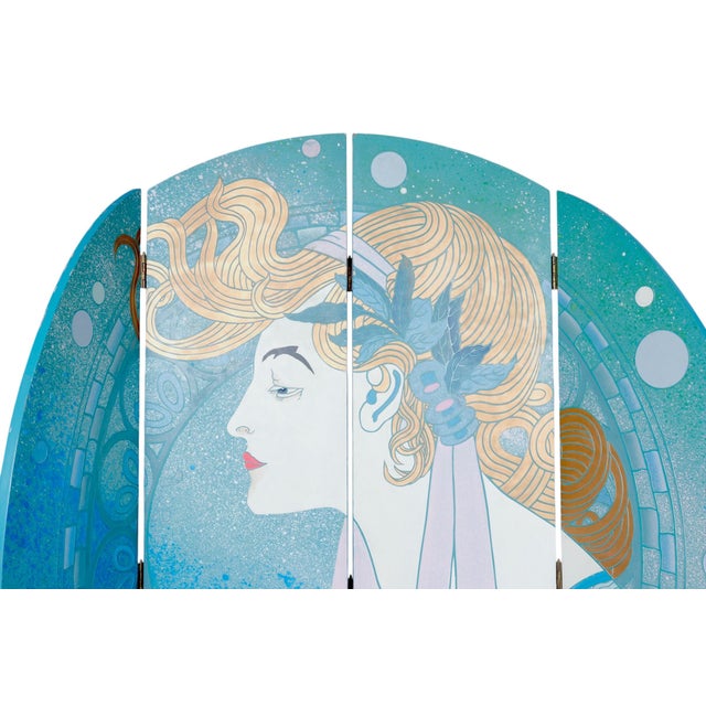 A round Art Deco style room divider circa 1980. Four panels are carved into a circular orb shape above square ming...