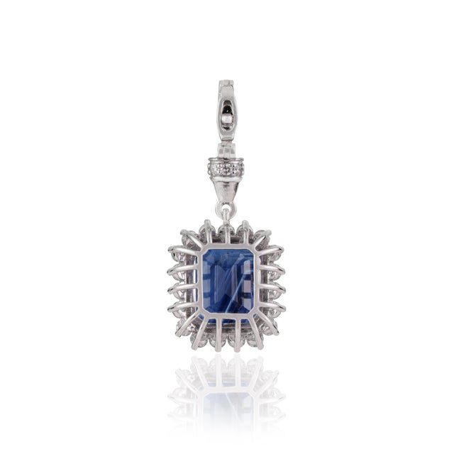 Gemstone Art Deco 3.32ct Emerald-Cut Blue Sapphire Diamond Halo Pendant in 14k Gold For Sale - Image 7 of 13