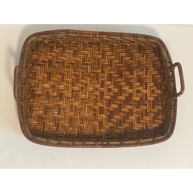 Coastal Vintage Bamboo Rattan Woven Tray With Handles For Sale - Image 3 of 5