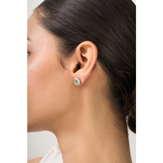 Not Yet Made - Made To Order Oval Emerald & Diamond May Birthstone Stud Earrings in 14k White Gold- A Pair For Sale - Image 5 of 13
