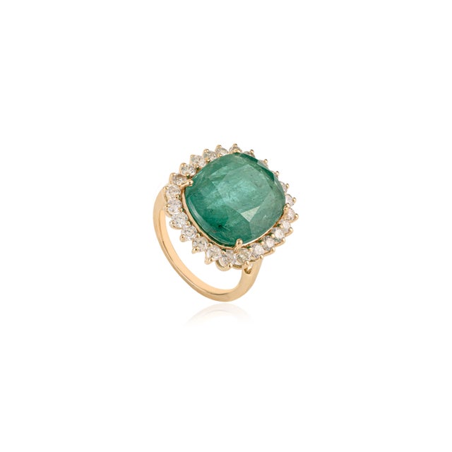 Contemporary 9.17 Ct Zambian Emerald Art Deco Cocktail Ring With Halo Diamonds in 14k Solid Gold Size 7 For Sale - Image 3 of 17