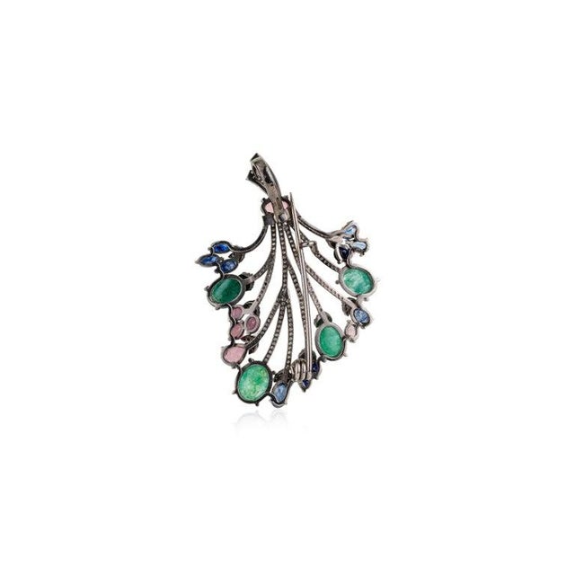 Metal Floral Bouquet Emerald Sapphire Tourmaline Brooch Pendant in Diamonds- Gifts for Women For Sale - Image 7 of 12