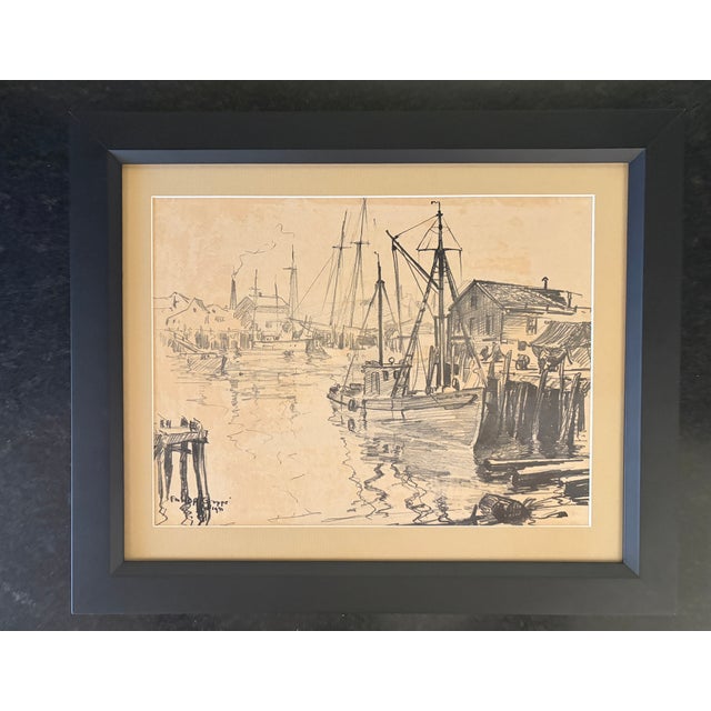 American Emile A. Gruppe Original 1941 Harbor Drawing Signed Gloucester Scene Framed For Sale - Image 3 of 9